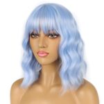 Light blue Short Bob Wigs with Bangs for Women Loose Wavy Hair Shoulder Length Wigs Synthetic Colorful Wigs for Cosplay Daily PartyUse(Light blue，12inch) - Image 3