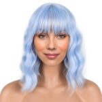 Light blue Short Bob Wigs with Bangs for Women Loose Wavy Hair Shoulder Length Wigs Synthetic Colorful Wigs for Cosplay Daily PartyUse(Light blue，12inch) - Image 2