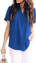 Allimy Women Summer Casual Split V Neckline Chiffon Blouses Loose Tunic Short Sleeve Tops - Image 3