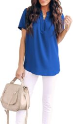 Allimy Women Summer Casual Split V Neckline Chiffon Blouses Loose Tunic Short Sleeve Tops - Image 4