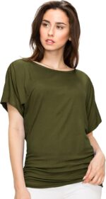 Made By Johnny Women's Casual Solid Short Sleeve Boat Neck/V Neck Dolman Top T Shirt with Side Shirring - Image 3
