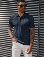 PJ PAUL JONES Mens Textured Knit Polo Shirts Regular Fit Stretchy Golf Shirts - Image 3
