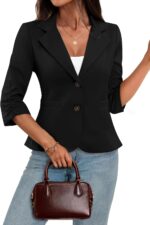 ELLEVEN Womens Casual 3/4 Sleeve Knit Blazers - High Stretch Business Work Suit Slim Fit Jacket with Pockets - Image 2