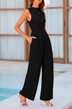 PRETTYGARDEN Womens Summer Jumpsuits Dressy Casual One Piece Outfits Sleeveless Mock Neck Wide Leg Pants Rompers with Pockets - Image 5