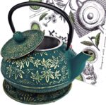 Large Japanese Cast Iron Teapot Capacity 40Oz with Trivet and Loose Leaf Tea Infuser, Cast Iron Tea Kettle Stovetop Safe. Tetsubin Coated with Enamel Interior - Green Teapot - Image 2