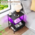 Night Stand Set 2, LED Nightstand with Charging Station, End Tables Living Room with Fabric Drawer, Small Side Tables for Bedroom, Small Space, Black, HETS01BK - Image 8