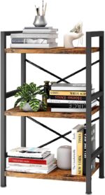 Homeiju Bookshelf, 3 Tier Industrial Bookcase, Metal Small Bookcase, Rustic Etagere Book Shelf Storage Organizer for Living Room, Bedroom, and Home Office(Rustic Brown) Patent Pending D29873033 - Image 2