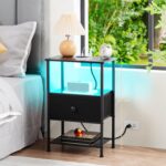 Night Stand Set 2, LED Nightstand with Charging Station, End Tables Living Room with Fabric Drawer, Small Side Tables for Bedroom, Small Space, Black, HETS01BK - Image 5