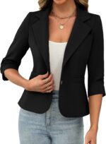 ELLEVEN Womens Casual 3/4 Sleeve Knit Blazers - High Stretch Business Work Suit Slim Fit Jacket with Pockets - Image 3