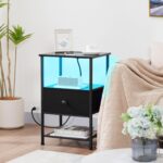 Night Stand Set 2, LED Nightstand with Charging Station, End Tables Living Room with Fabric Drawer, Small Side Tables for Bedroom, Small Space, Black, HETS01BK - Image 3