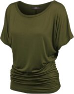 Made By Johnny Women's Casual Solid Short Sleeve Boat Neck/V Neck Dolman Top T Shirt with Side Shirring - Image 2