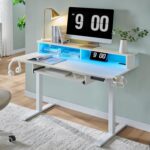 RedLemon 48Inch Gaming Desk, Electric Standing Desk with Height Adjustable, Power Outlets, LED Lights, Keyboard Tray, and Monitor Shelf, Stand Up Computer, White - Image 2