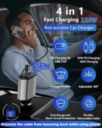 Retractable Car Charger, 4 in 1 Fast Charging Car Charger USB-C & USB-A Compatible with iPhone 16/15/14/13/12/11,Galaxy,Pixel - Image 4