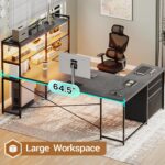 SEDETA Corner Computer Desk, Reversible U Shaped Office Desk with 3 Fabric Drawers and Power Outlet, Corner Gaming Desk with LED Lights, Storage Shelves, Grey - Image 5