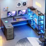 SEDETA Corner Computer Desk, Reversible U Shaped Office Desk with 3 Fabric Drawers and Power Outlet, Corner Gaming Desk with LED Lights, Storage Shelves, Grey - Image 2