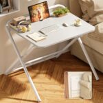 Huuger Folding Desk with 3-Level Adjustable Height and Tablet Slot, 24 Inch Foldable Computer Desk for Small Spaces, Space Saving, Writing Work Table for Home Office, Bedroom, Study, White - Image 2