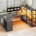 SEDETA Corner Computer Desk, Reversible U Shaped Office Desk with 3 Fabric Drawers and Power Outlet, Corner Gaming Desk with LED Lights, Storage Shelves, Grey - Image 4