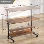 Armocity Height Adjustable Standing Desk with Power Outlets, 39" Manual Stand Up Desk with Storage Shelves Small Mobile Rolling Computer Desk Portable Laptop Table with Wheels for Home Office, Rustic - Image 10