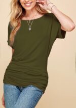 Made By Johnny Women's Casual Solid Short Sleeve Boat Neck/V Neck Dolman Top T Shirt with Side Shirring - Image 4