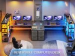 SEDETA Corner Computer Desk, Reversible U Shaped Office Desk with 3 Fabric Drawers and Power Outlet, Corner Gaming Desk with LED Lights, Storage Shelves, Grey - Image 9