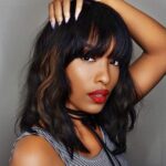 Black Mixed Brown Wig for Black Women 14 Inch Short Wavy Hair Wigs Curly Bob Wig with Bangs Wigs Shoulder Length Wigs for Black Women Bob Style Synthetic Heat Resistant - Image 2