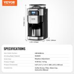 VEVOR Coffee Maker with Grinder, 8 Cup Coffee Machine, Grind and Brew Coffee Maker with 3 Brew Strength Control, 24-Hour Timer for Auto Brew, for Home Office Restaurant - Image 8