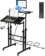 Hadulcet Mobile Standing Desk with Charging Station, Adjustable Standing Computer Desk, Standing Adjustable Laptop Cart with Wheels for Home Office Classroom Black - Image 2
