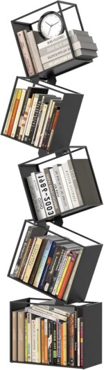 5-Tier Metal Geometric Bookshelf – Modern Narrow Floor Bookcase, Space-Saving Organizer for Living Room, Bedroom, Office, Corner – Black - Image 2