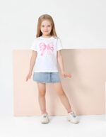kid Young Girl Clothes Outfits Cute Sweet Bowknot Print T-Shirt + Bowknot 2 In 1 Denim Short Summer Clothing Set - Image 3