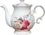 Jomop European Style Ceramic Flower Teapot Coffee Pot Water Pot Porcelain Gift Large 5.5 Cups (1, Rose) - Image 2