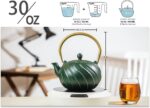 TOPTIER Japanese Cast Iron Teapot with Infuser, Stovetop Safe Teakettle, Wave Design, Enameled Interior, 30 oz (900 ml), Green - Image 5