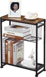 Small Side Table for Small Spaces - Slim End Table with Magazine Holder - 2 in 1 Design Narrow End Table Living Room - Skinny Bedside Table Nightstand Bedroom Thin Side Table, Rustic Brown - Image 2