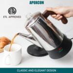 Electric Coffee Percolator Stainless Steel Coffee Pot with Two Tough Glass Clear Brew Progress Knob & Treated Solid Wood Handle & On/OFF Switch Auto Keep Warm Cordless Serve (8 Cup) - Image 9