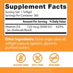 Doctor's Best Vitamin D3 5,000 IU for Healthy Bones, Teeth, Heart and Immune Support, Non-GMO, Gluten-Free, Soy Free, 360 Count (Pack of 1) - Image 4