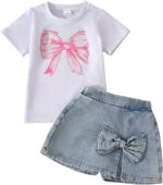 kid Young Girl Clothes Outfits Cute Sweet Bowknot Print T-Shirt + Bowknot 2 In 1 Denim Short Summer Clothing Set - Image 2