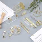 EOOUT Gold Office Supplies Set Desk Accessories, Acrylic Stapler Set Staple Remover, Phone Holder, Tape Holder, Pen Holder, 2 Ballpoint Pen, Scissor, Binder Clips, Ruler, Transparent Glue and Staples. - Image 8