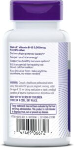 Natrol Vitamin B12 Fast Dissolve Tablets, Promotes Energy, Supports a Healthy Nervous System, Maximum Strength, Strawberry Flavor, 5,000mcg, 100 Count - Image 11