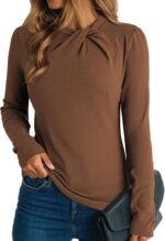 Dokotoo Womens Tops Business Casual Outfits Long Sleeve Shirts Mock Neck Twist Knot Slim Fit Soft Stretch Tees Blouses - Image 2
