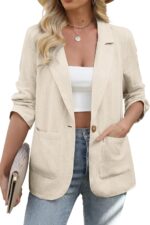 ELLEVEN Womens Linen Blazer Casual Long Sleeve Lightweight One Button Jackets Spring Summer Suit - Image 2