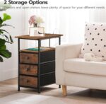 HOOBRO End Table, Narrow Side Table with Charging Station, Nightstand with 3 Non-Woven Fabric Drawers, Bedside Table for Small Spaces, for Living Room, Bedroom, Rustic Brown and Black BF483UBZ01 - Image 4