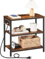 HOOBRO End Table with Charging Station, Simple Rustic Side Table with 3-Tier Storage Shelf, Narrow Nightstand for Small Spaces, for Living Room, Industrial Design, Rustic Brown and Black BF149UBZ01 - Image 7