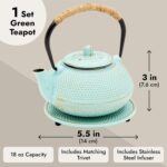 Juvale Cast Iron Teapot with Infuser - Japanese Tea Kettle - Loose Leaf Tetsubin & Trivet (Green, 3 Pcs, 18 oz/500 ml) Cast Iron Kettle - Image 4