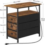 HOOBRO End Table, Narrow Side Table with Charging Station, Nightstand with 3 Non-Woven Fabric Drawers, Bedside Table for Small Spaces, for Living Room, Bedroom, Rustic Brown and Black BF483UBZ01 - Image 3