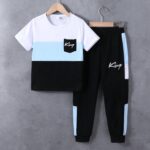 Size 6-12 Years Boys Fashion Clothes Spring Summer Short Sleeve Top & Pants Color Block Clothing Sets - Image 5