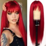 QD-Tizer Red Color Long Silky Straight Wigs with Bangs Synthetic No Lace Wig for Fashion Women Heat Resistant Natural Looking Hair Wig for Party Cosplay - Image 2