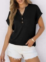 ANRABESS Womens Short Sleeve Henley Tops V Neck Dressy Casual Blouses Summer Trendy Tee Shirts 2025 Vacation Fashion Clothes - Image 5