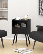 Black Nightstand,Modern Bedside Table with Storage Drawer and Open Wood Shelf, for Living Room, Bedroom and Small Spaces, Accent Night Stand with Solid Wood Legs, Easy Assembly,Classic Black - Image 8