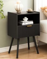 Black Nightstand,Modern Bedside Table with Storage Drawer and Open Wood Shelf, for Living Room, Bedroom and Small Spaces, Accent Night Stand with Solid Wood Legs, Easy Assembly,Classic Black - Image 2