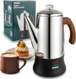 Electric Coffee Percolator Stainless Steel Coffee Pot with Two Tough Glass Clear Brew Progress Knob & Treated Solid Wood Handle & On/OFF Switch Auto Keep Warm Cordless Serve (8 Cup) - Image 2