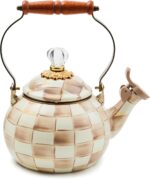 MACKENZIE-CHILDS Enamel Whistling Tea Kettle, Decorative Teapot for Stovetop, Brown-and-White Mocha Check - Image 2
